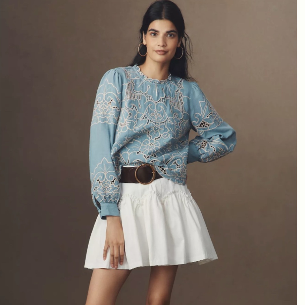 Anthropologie Lainie Long-Sleeve Lace Cutwork Blouse, size XS, Cream